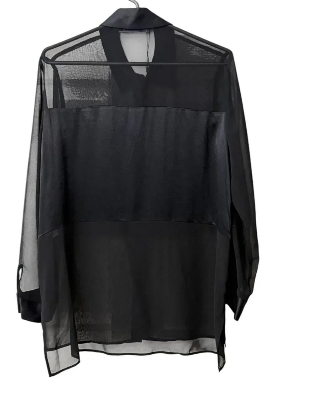 NWOT Zara Woman Mixed Media Semi-Sheer Satin Panel Button Up Long Sleeve Black M